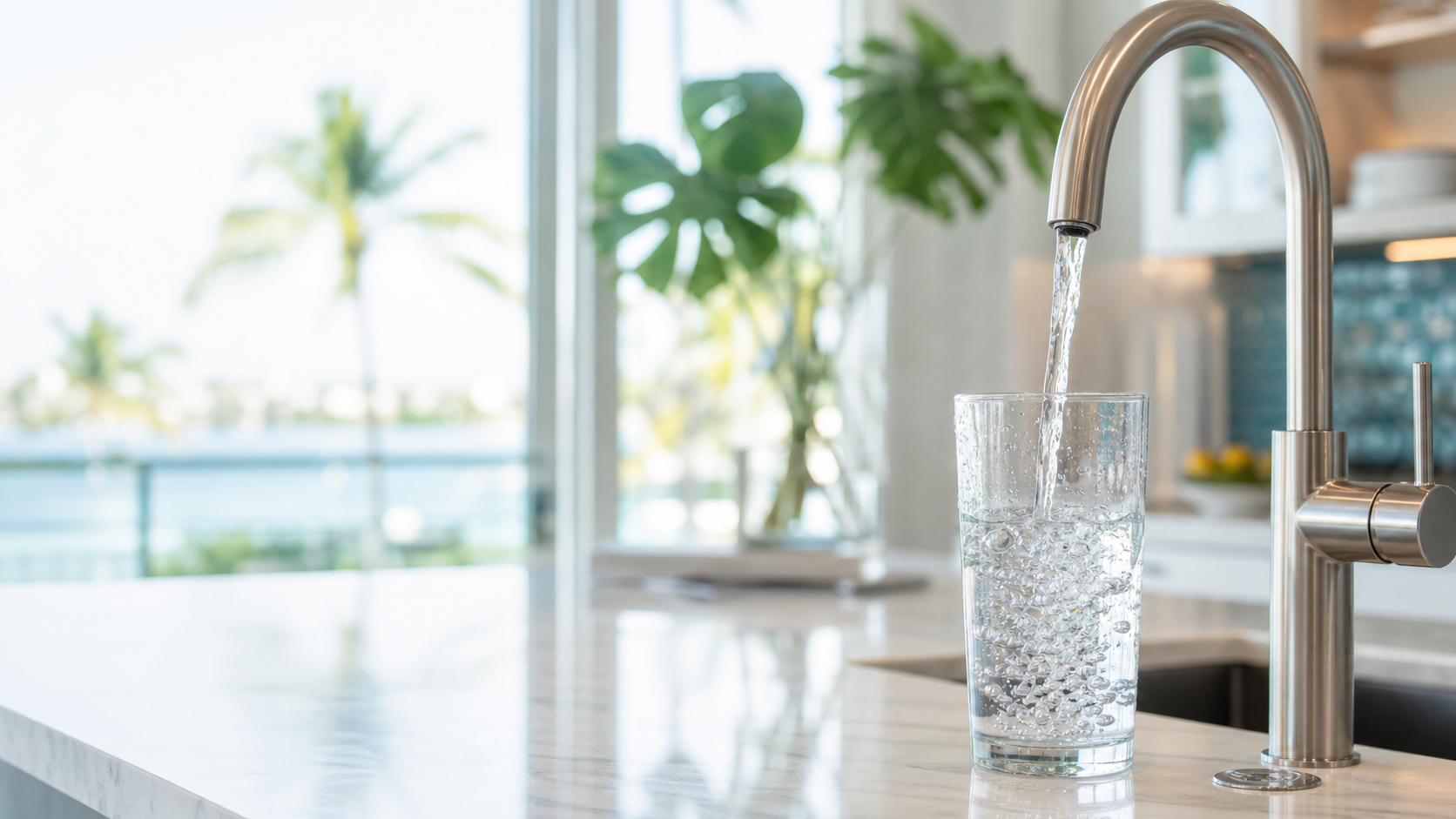 Clean filtered water pouring into a glass at a South Florida kitchen faucet