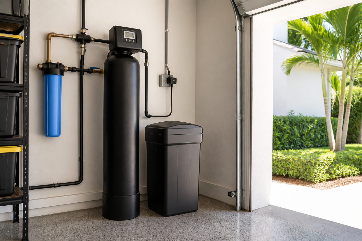 Tru Water Co. whole-home system professionally installed in a South Florida garage